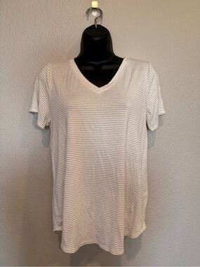 Green Envelope Cream & White Striped V-Neck Tee - Size S (Fits M/L)